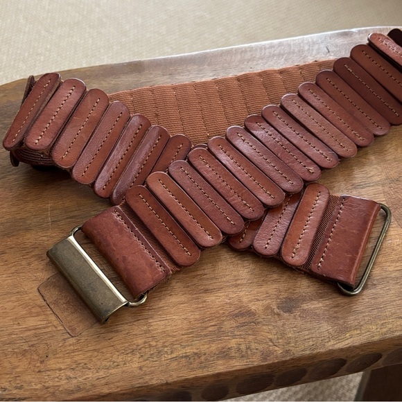 Anthropologie Brown Leather Panel Stretch Corset Belt - designed by Kat Santiago - Picture 7 of 12